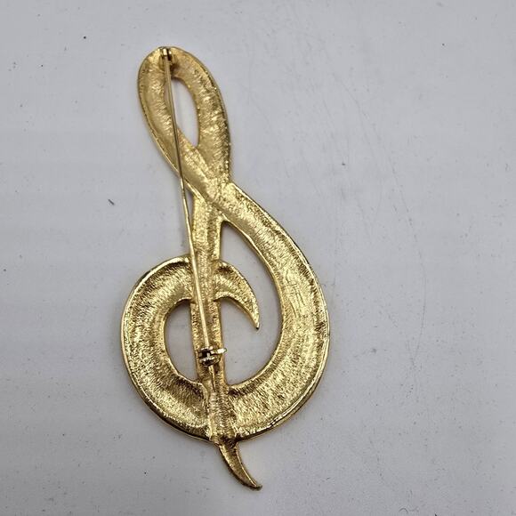 Vintage Musical Note Brooch Pin 3.75" Gold Tone Shiny Hammered Choir Band - Picture 3 of 6